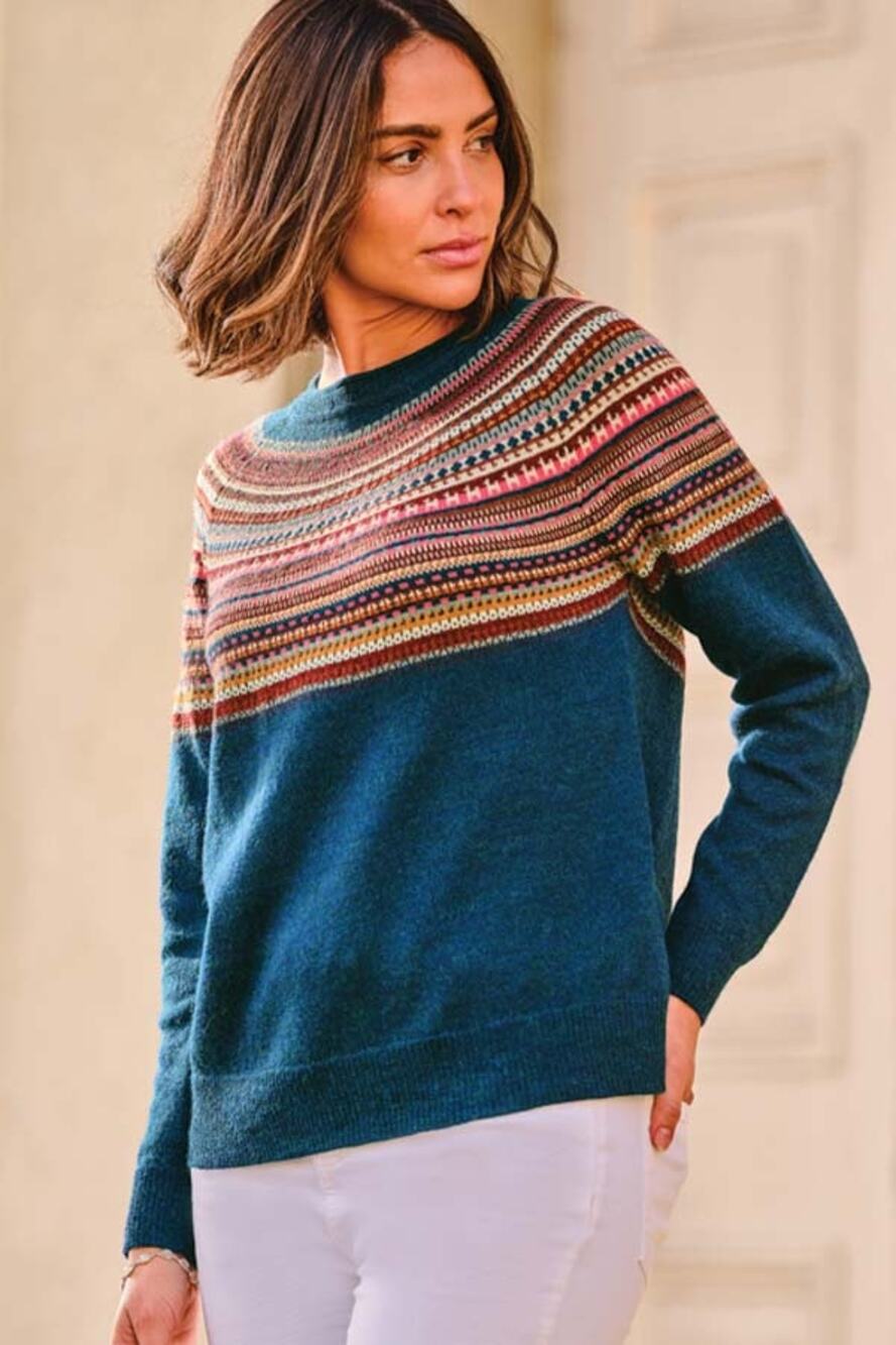 Peruvian Kara Baby Alpaca Crew Neck Sweater Fair Isle Blue Teal, Small